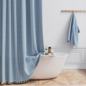 Boho Farmhouse Linen Striped Fabric Shower Curtain Set with tassel 78 inch long